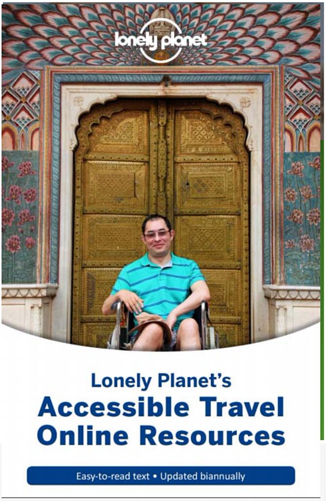 Martin Heng is seated in a wheelchair in front of an ornate, golden door with colorful, intricate designs. Above him is the "Lonely Planet" logo, and below, the text reads "Lonely Planet's Accessible Travel Online Resources" with a note that it includes "Easy-to-read text" and is "Updated biannually."